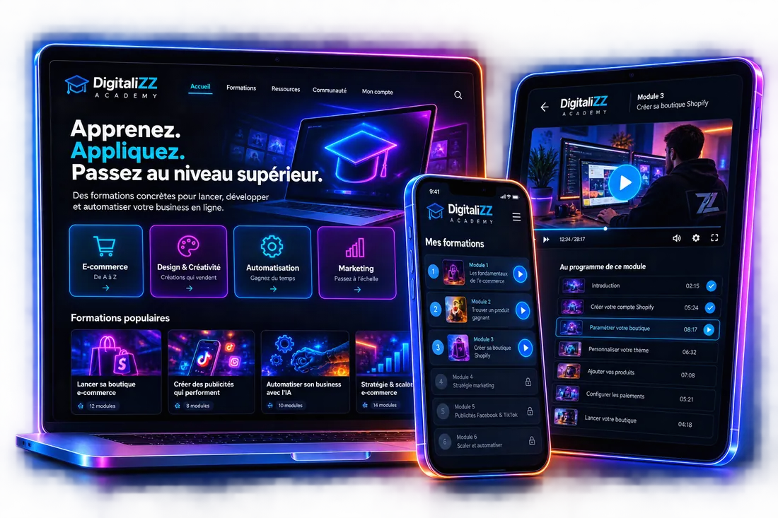 Plateforme de formation DigitaliZZ Academy sur ordinateur, tablette et smartphone
