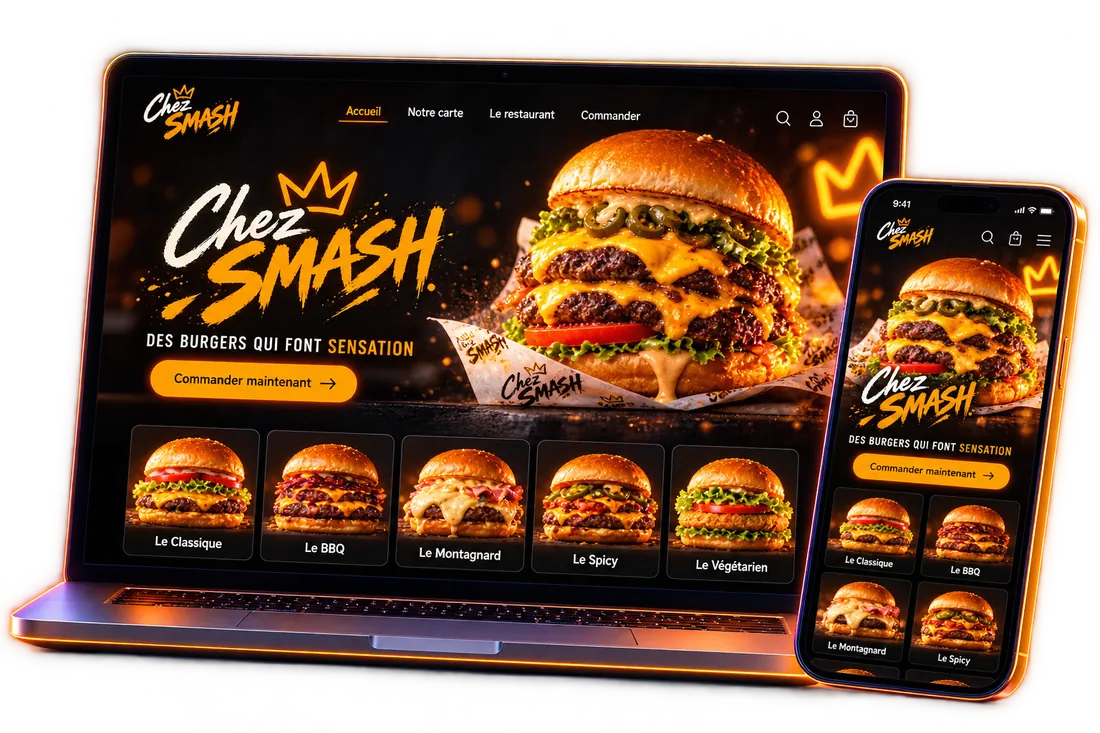 Site du restaurant Chez Smash affiché sur ordinateur et smartphone