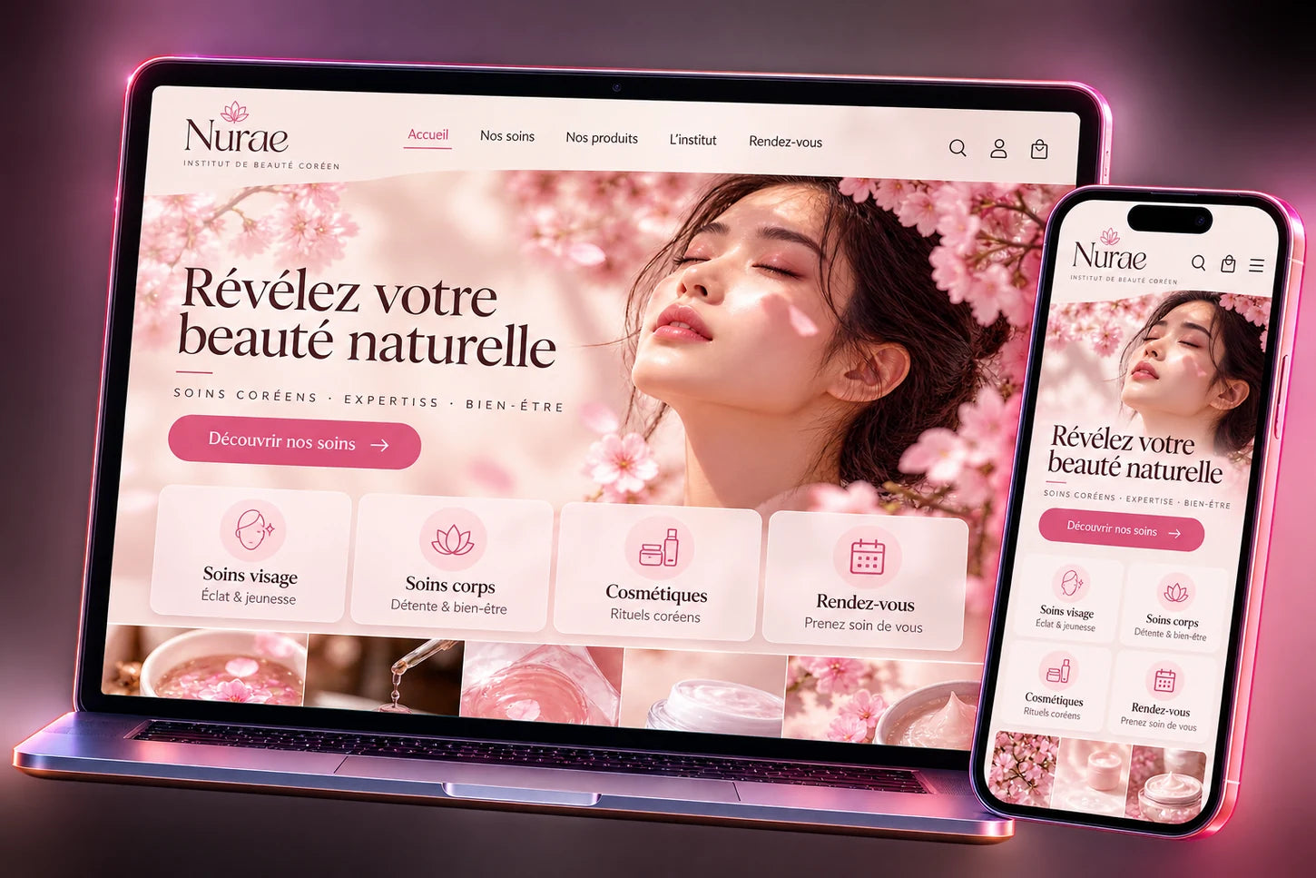 Mockup de l'univers digital Nurae sur ordinateur et téléphone