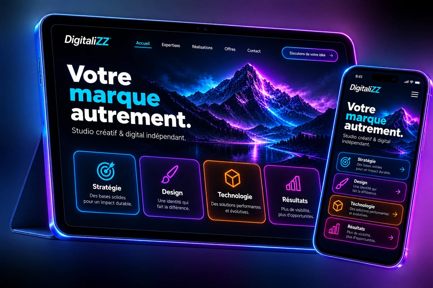 Interfaces digitales DigitaliZZ présentées sur ordinateur et smartphone